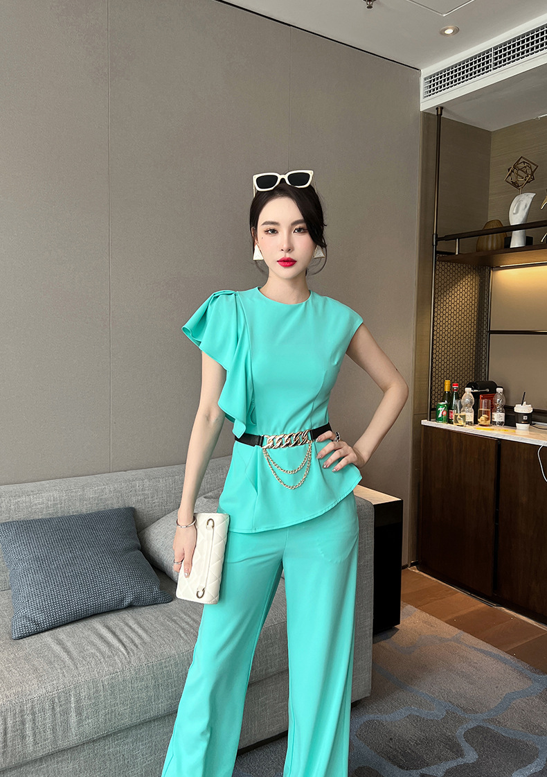 Bộ hai món áo ôm eo phối quần ống rộng cạp cao — Màu xanh nước hồ chi tiết 9