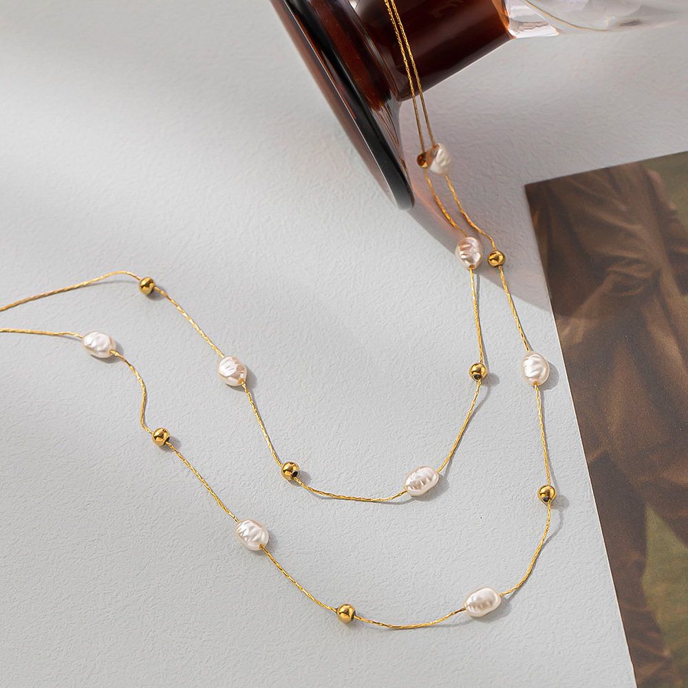 Plastic Pendant Material Layered Necklaces Classification 304 Stainless Steel Chain Material Wholesale Jewelry Pearl 304 Stainless Steel 18K Gold Plated PVD Coated Beaded Plating Layered Necklaces