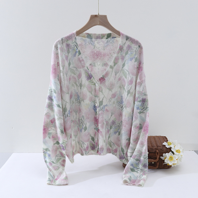 Flower Fairy Watercolor Printing and Dyeing Long Wool Alpaca Knitted Sweater 2025 Spring and Autumn New Wool V-neck Cardigan for Women