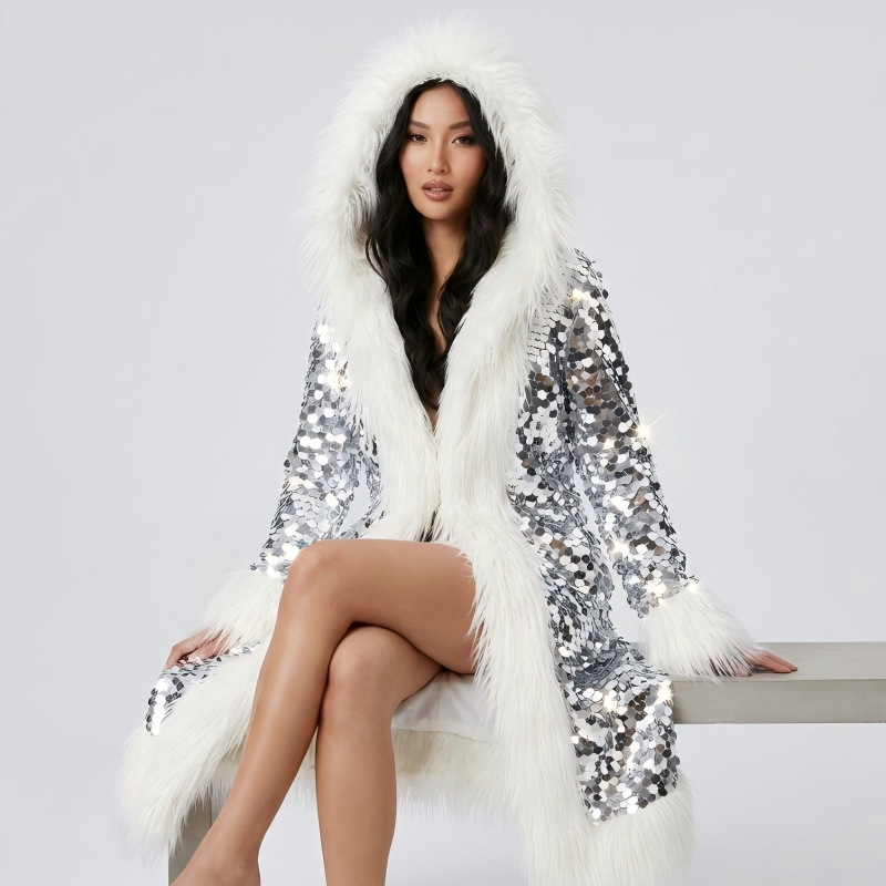 Ins Fashion Sequined Faux Fur Fox Fur Colorful Long Hooded Coat Stage Party Performance Outfit Faux Fur