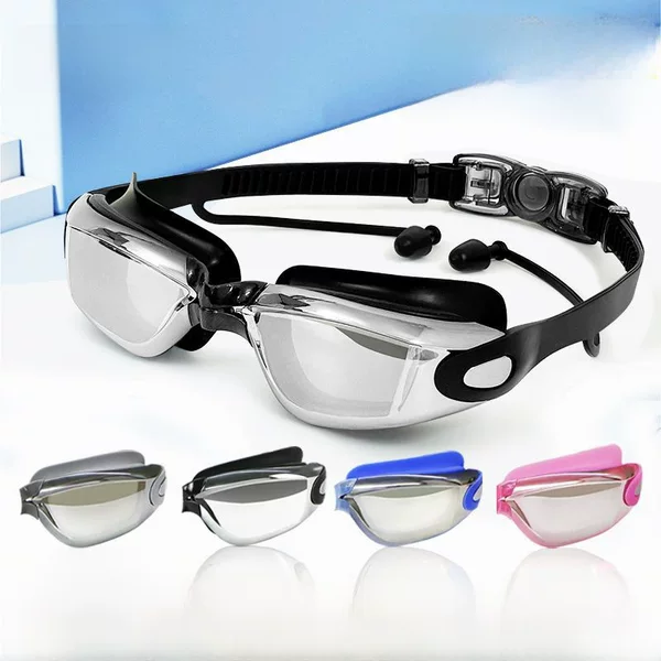 Cross-border swimming goggles adult anti-fog waterproof electroplating conjoined earplugs large frame silicone myopia swimming goggles factory wholesale