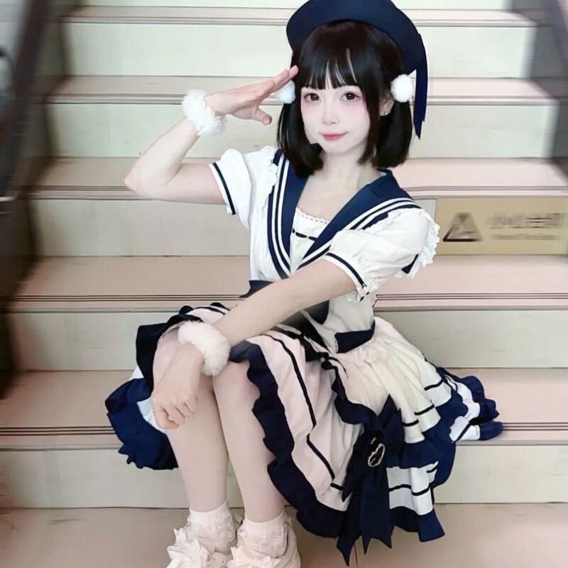 洛丽塔可爱夏日海军风绀色水蓝色青春元气少女JK蛋糕裙洋装连衣裙|undefined
