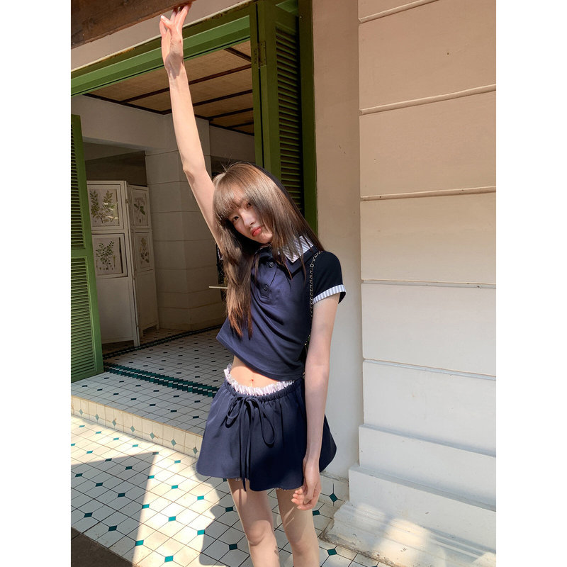 Fake Two-Piece Spliced Short-Sleeve Skirt-Pants Set for Women, Summer Polo Collar T-Shirt Top and Skirt Two-Piece Set