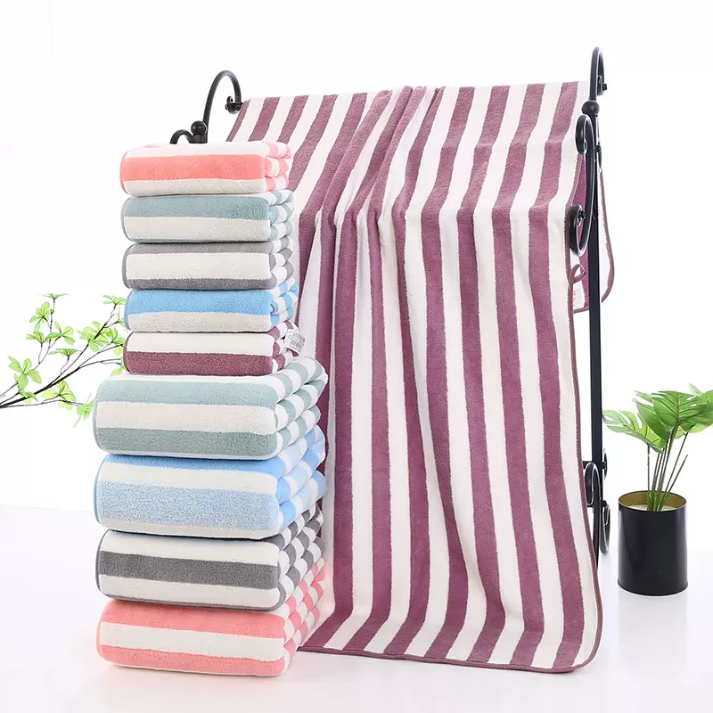 珊瑚绒宽条纹大毛巾批发包边浴巾套装儿童成人加厚条纹沙滩巾