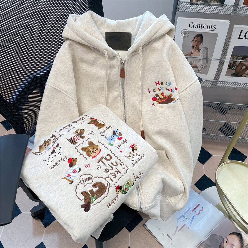 Autumn and Winter Super Good-looking Cute Puppy Embroidered Hooded Cardigan Sweater Women's fleece-lined Thickened All-match Loose Zipper Jacket