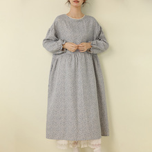 日式森女系文艺碎花连衣裙秋季新款宽松休闲长袖大码圆领套头长裙