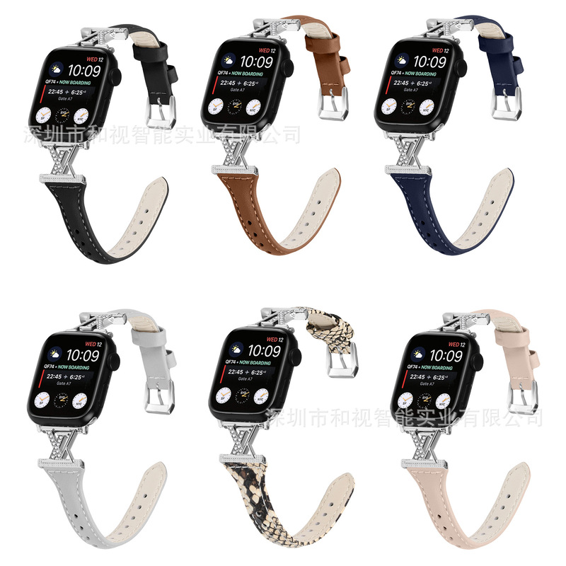 Suitable for Apple Watch10Ultra2 Leather Belt Lv Small Waist Belt Diamond-Studded Chanel-Style iWatch Strap