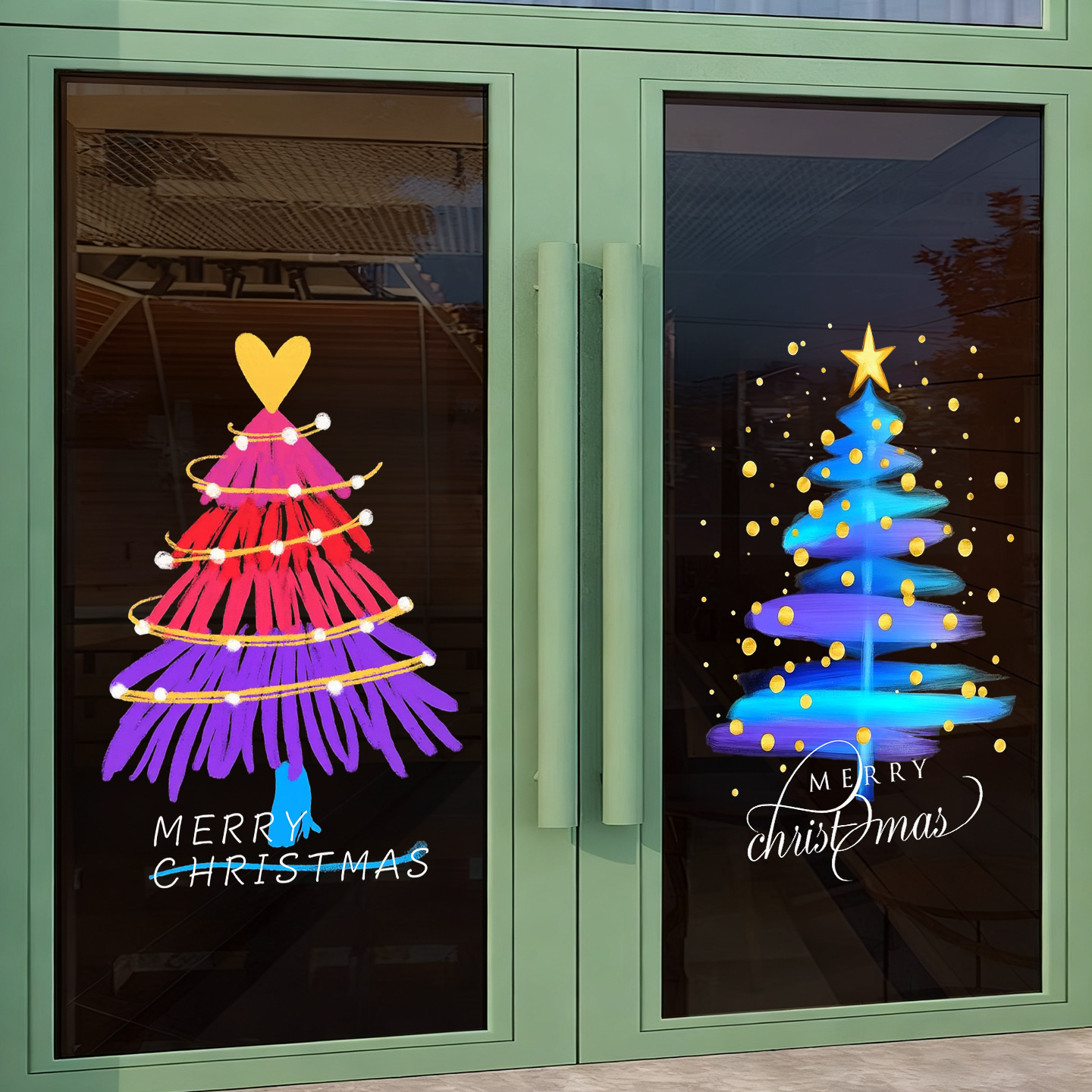 圣诞节窗户贴纸彩色圣诞树装饰贴玻璃门贴节日氛围布置橱窗贴画
