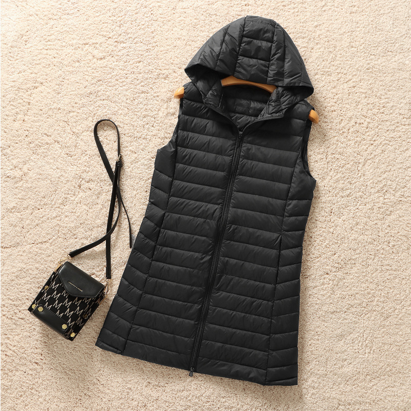 2026 Autumn/Winter Lightweight down Jacket for Women, Mid-Length Hooded Korean Style Slim Vest, Simple and Artistic Long Vest for Layering