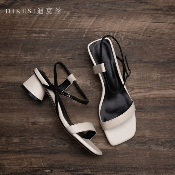 Brand mid heel sandals women's summer square toe Korean style women's shoes open toe with women's real soft leather White cool shoes