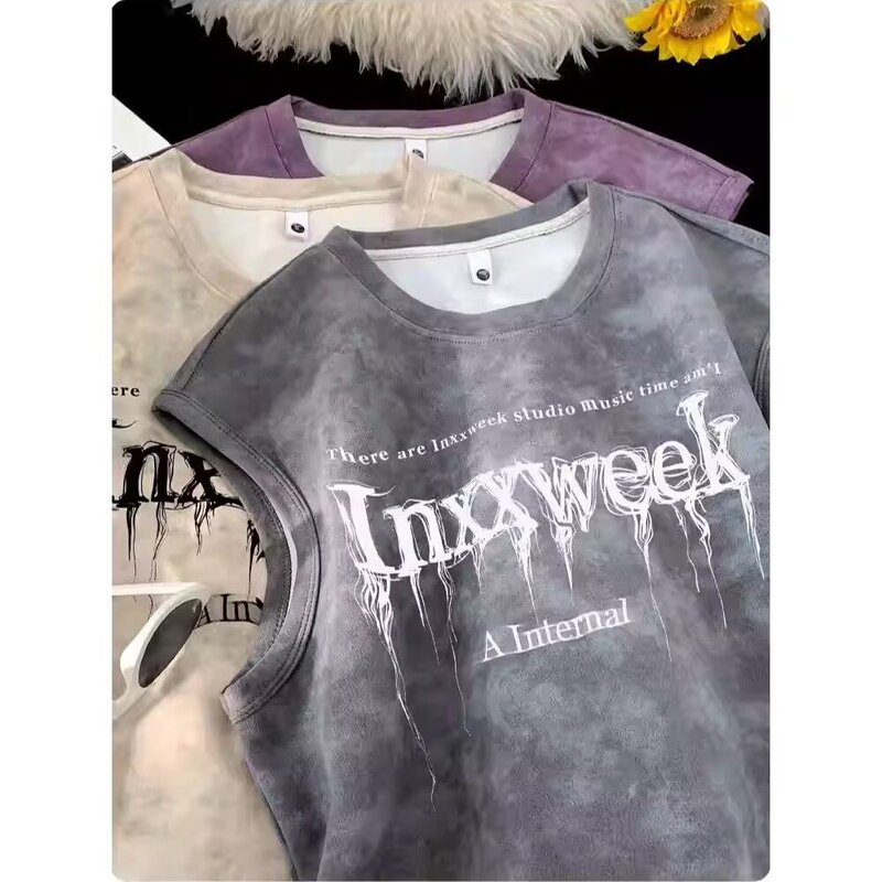 Summer Vest, Youthful Trendy Sleeveless T-Shirt, American-Style Men's Printed Tie-Dye Personalized Youth Lettered Loose Top