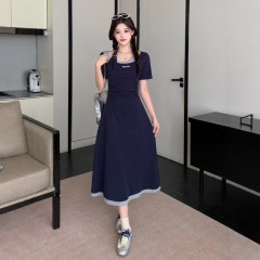 假两件T恤连衣裙女夏装新款大码胖mm显瘦掐腰遮肚法式背心长裙子