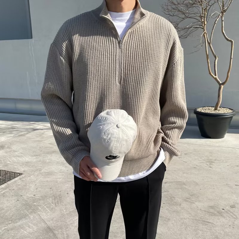 Otoño y invierno semia cremallera suéter de cuello abierto hombre moda coreana guapo camisa de punto de cuello vertical blusa cuello alto