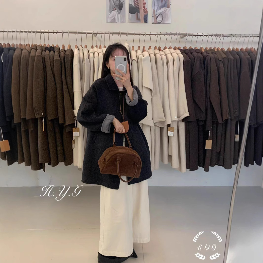 韩国冬季小个子宽松显瘦中长款羊毛双面羊绒大衣外套女撞色设计