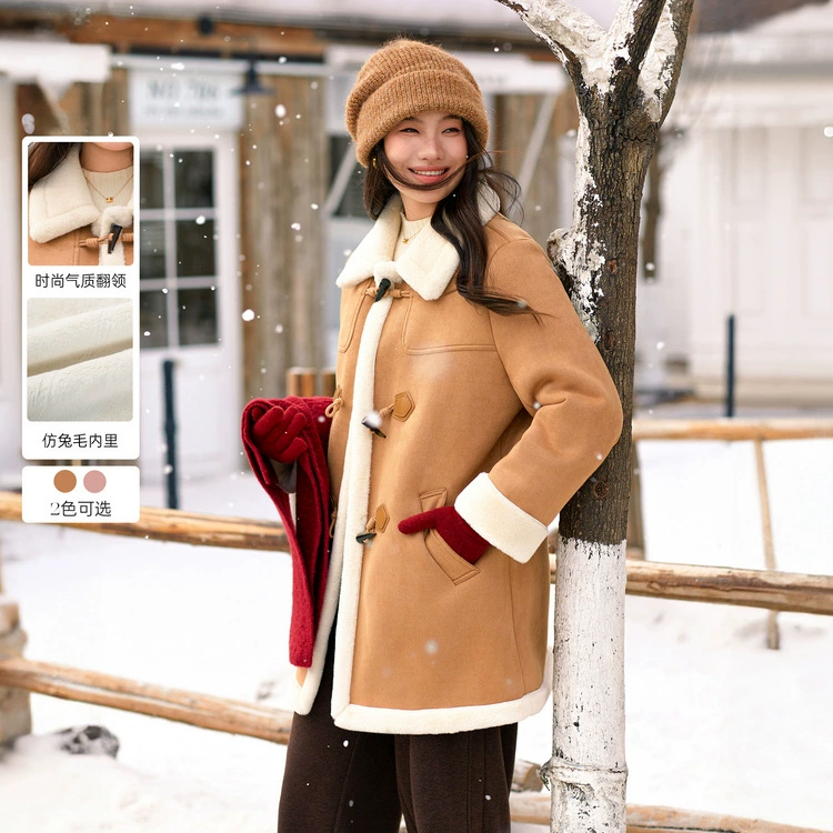 [Ретро роговая пряжка имитация кроличьего меха теплая куртка лацкана] Funny Show большой размер женский толстый mm2025 весенний новый