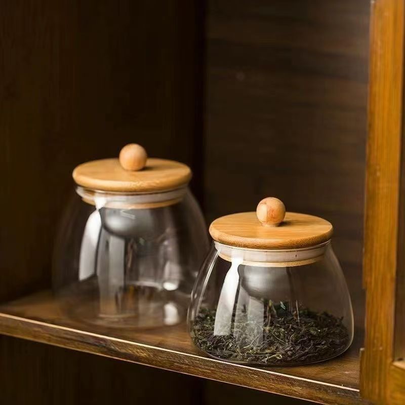Inventario de bambú cubierta de madera de vidrio transparente lata de té sellado lata de condimento lata de almacenamiento pequeña botella de té negro
