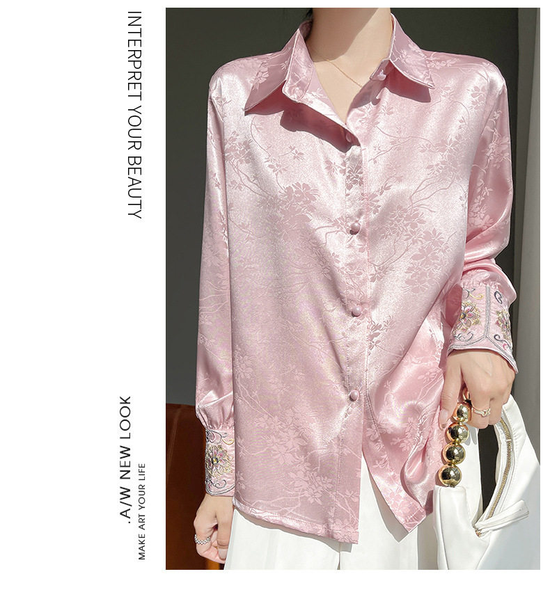 Áo sơ mi nữ dài tay cổ sơ mi thêu hoa văn jacquard chất satin cao cấp — Màu be, Màu hồng, Màu đen chi tiết 11
