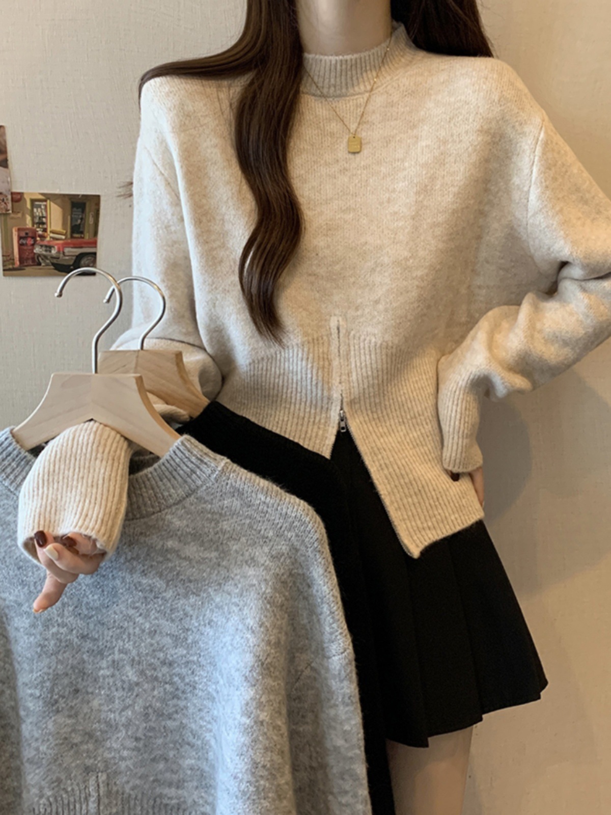 플러스 사이즈 통통녀 하프 하이 칼라 니트베이스 셔츠 여자 겨울 두꺼운 스웨터 내부 지퍼 불규칙한 쇼트 탑