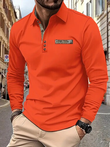 Wish Spring and Autumn New Men's Casual Button-Down Pocket Polo Shirt in Solid Color and Long Sleeve
