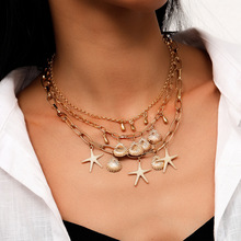 欧美跨境饰品新款时尚设计合金粗链条水滴锁骨链海星贝壳多层项链