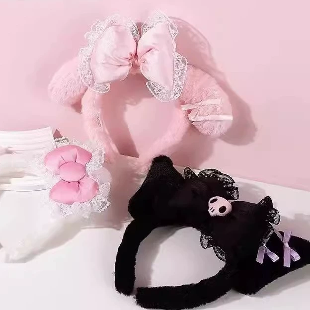Плюшевый обод с бантом, милый фуксия мультяшный ободок для умывания, кружевная отделка
