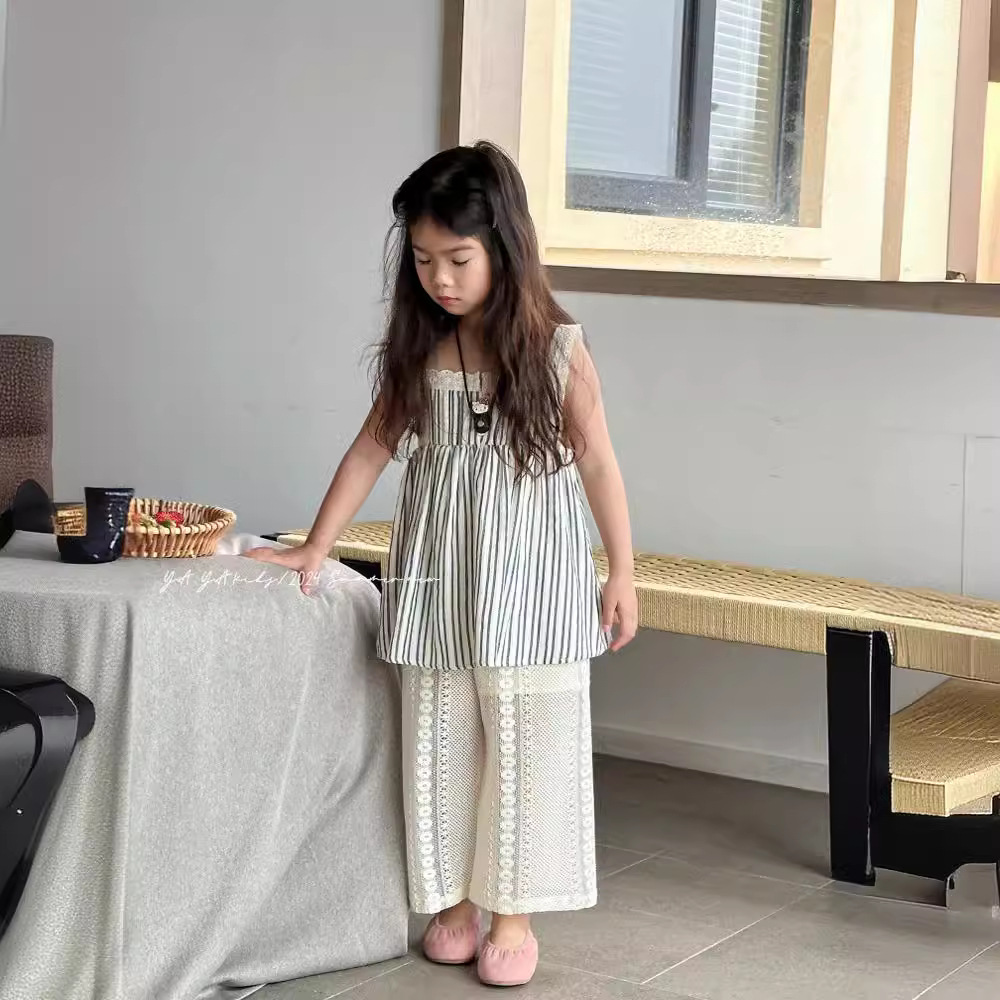 女童吊帶衫2024夏季新品兒童韓系豎條花邊無袖娃娃衫小女孩上衣潮