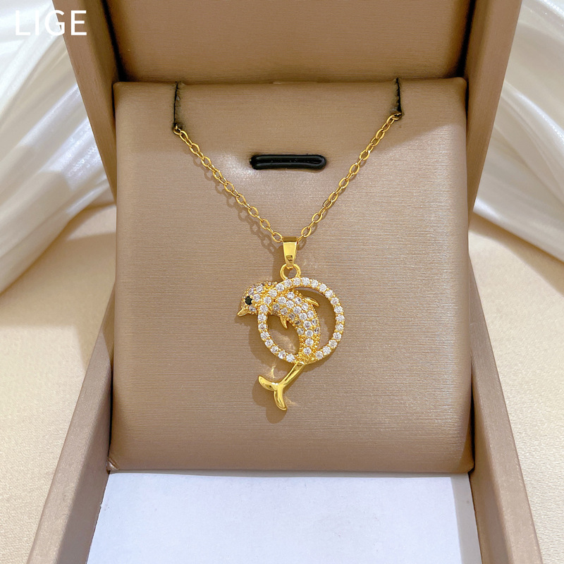 Titanium Steel Dolphin Necklace With Full Diamond Inlay Elegant_voghion.com