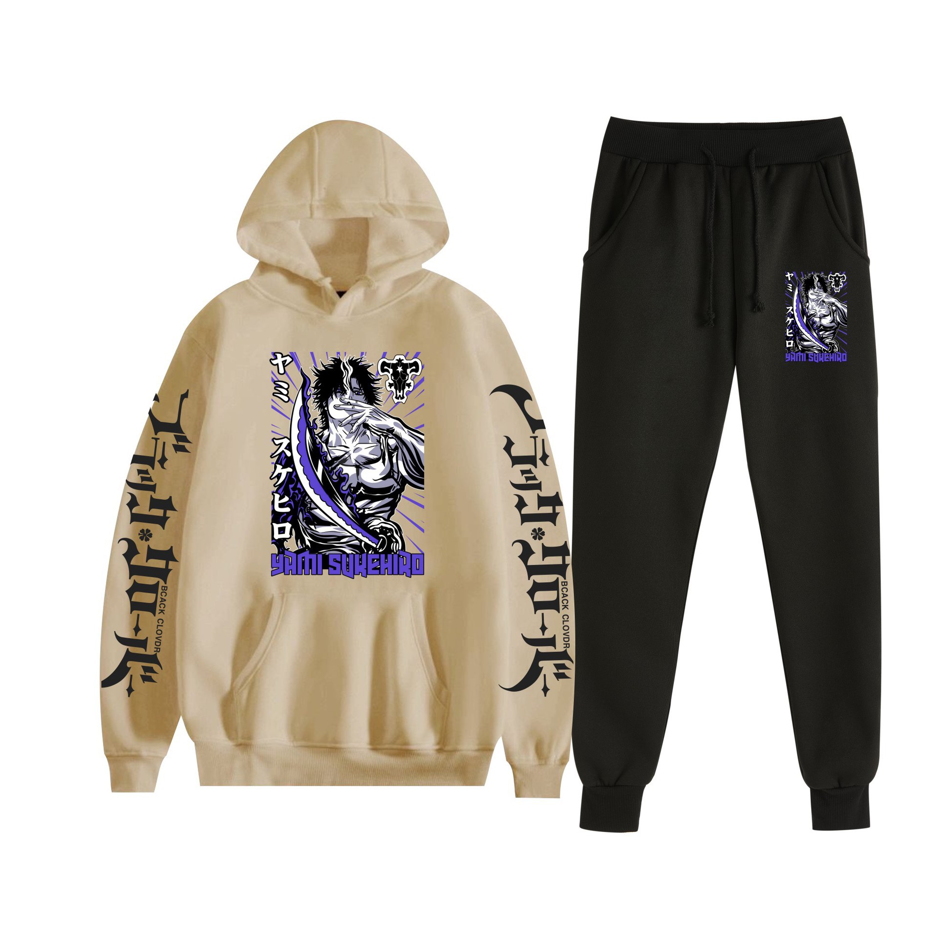 Trébol de cuatro hojas negro nuevo estilo transfronterizo Black Clover pareja suéter con capucha hombres y mujeres pantalones de dos piezas