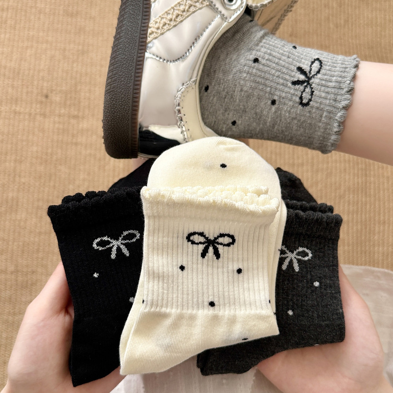 Polka Dot Lace Bow Socks for Women, New Spring/Summer Style, Trendy Mid-Calf Socks, Japanese Style, Paired with Small Leather Shoes, Slouch Socks