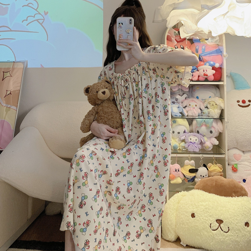 Nightdress women's summer pure cotton 2024 New loose cute student girl bear short sleeve outerwear homewear pajamas