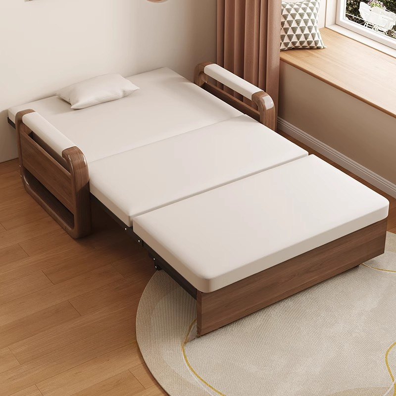 Solid Wood Sofa Folding Bed Single Apartment Small Apartment Single and Double Retractable Bed Living Room Balcony Pull-Out Bed Book