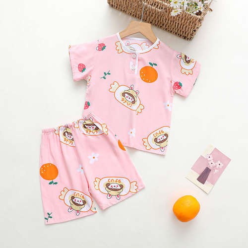 Children's Summer Pajama Set for Boys and Girls, Cotton Silk Home Wear Suit, Thin for Baby, Long Sleeve Air Conditioning Shorts