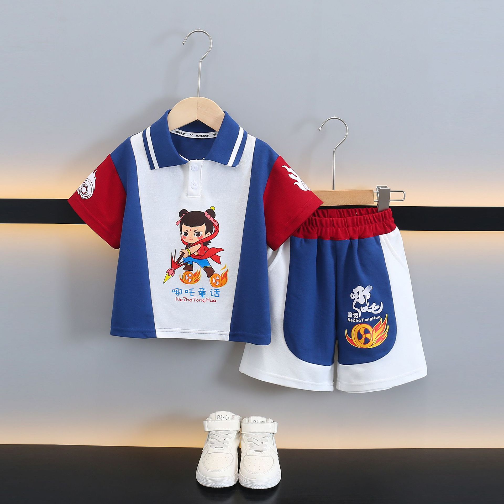 7784 traje de verano para niños 2025 nuevo estilo estilo occidental camisa polo para niños de dos piezas de manga corta ropa de verano para bebés