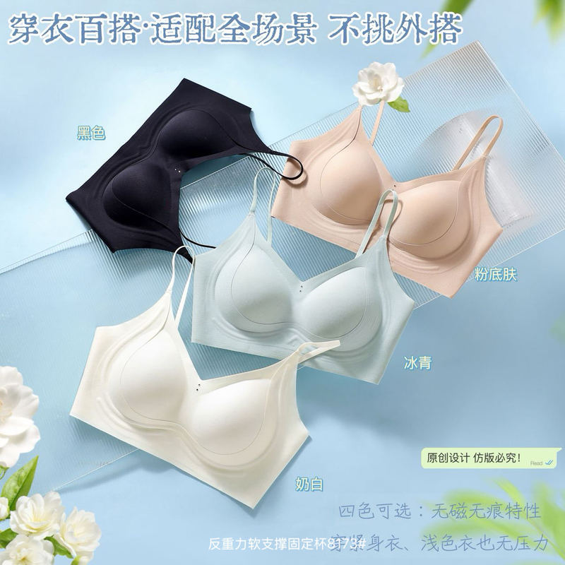 Ourofeng Thin Backless Bra Without Underwire, Cool-Touch Women's Bra with Lift and Gather Effect, Fixed Cup, Soft Support, Seamless Bra