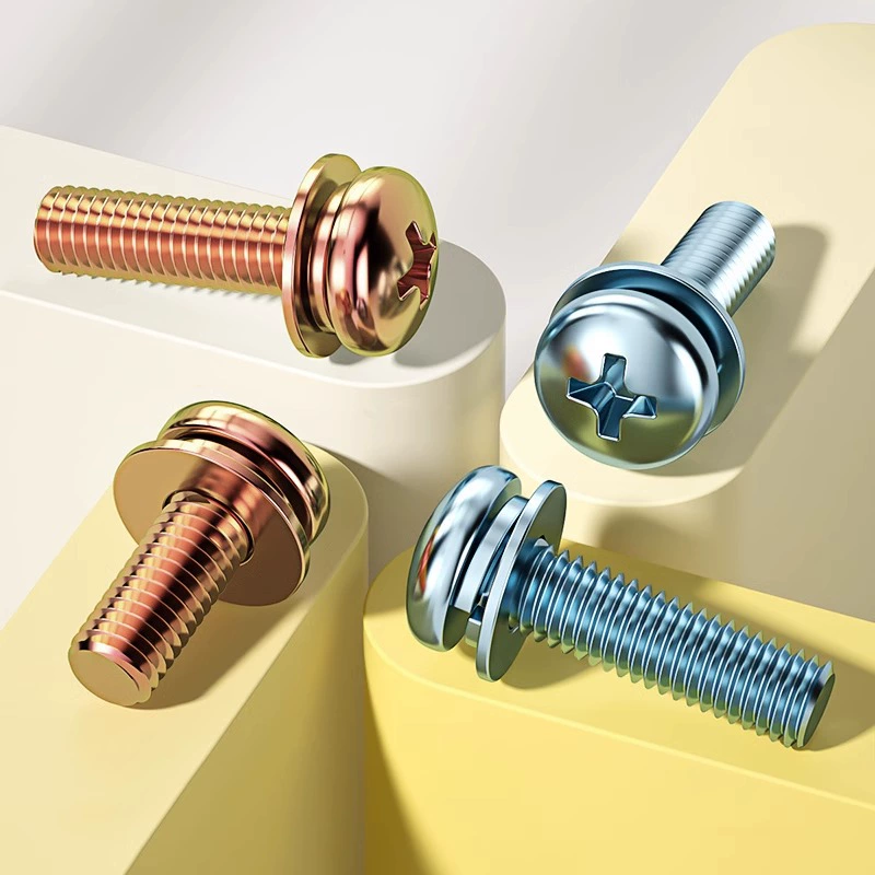 Оцинкованные комбинированные винты с большой цилиндрической головкой и крестообразным шлицем, цветные винты с круглой головкой и плоскими пружинными шайбами M3M4M5M6M8