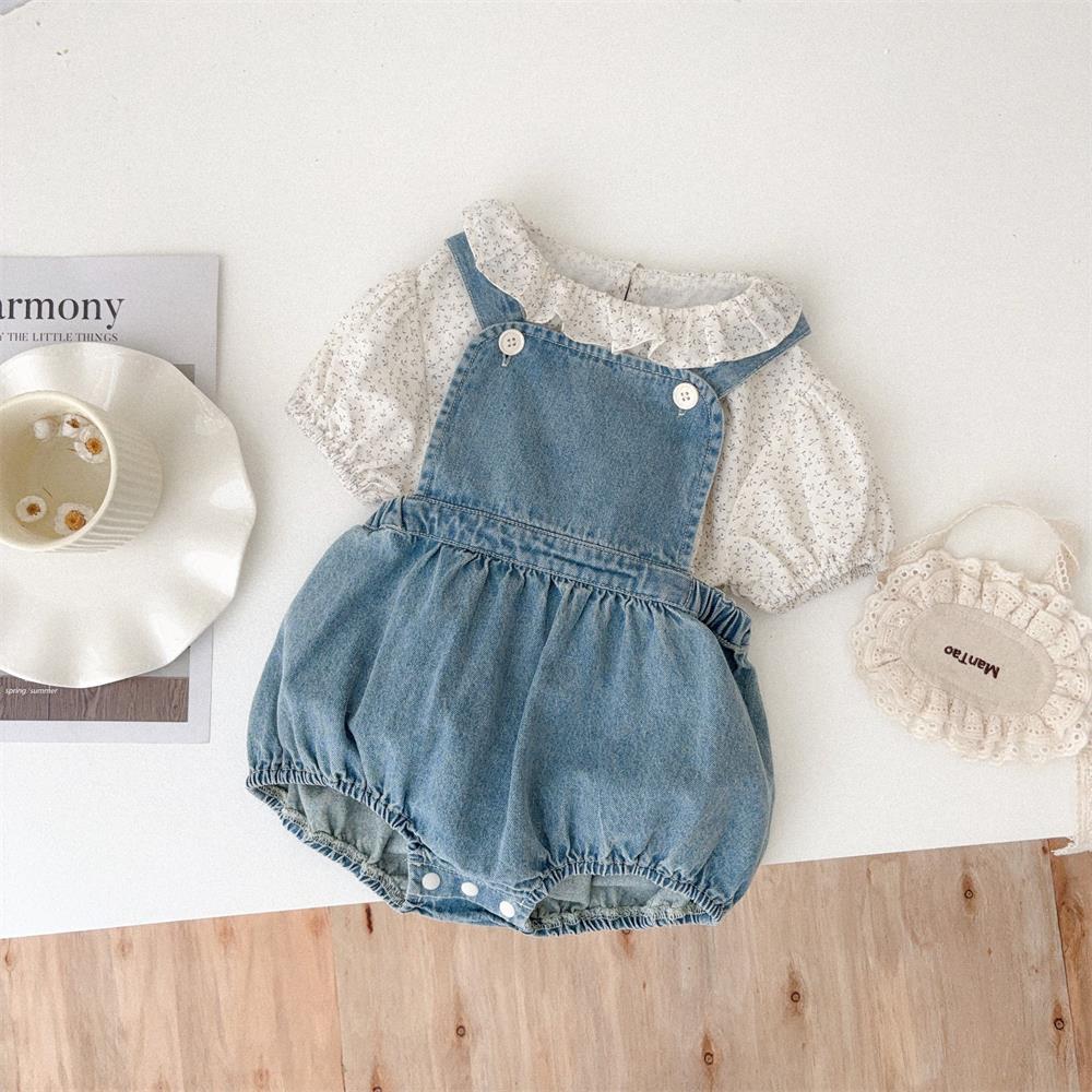 Ropa de verano para bebés y niños pequeños, estilo pastoral para niñas, blusa floral pequeña de manga corta, mono de mezclilla, traje de dos piezas