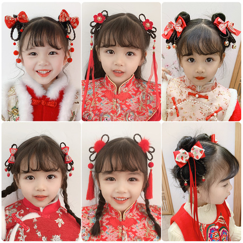 Chinese style New Year's headdress children's Tang suit Hanfu New Year hair accessories baby girl's wig bow tassel hairpin