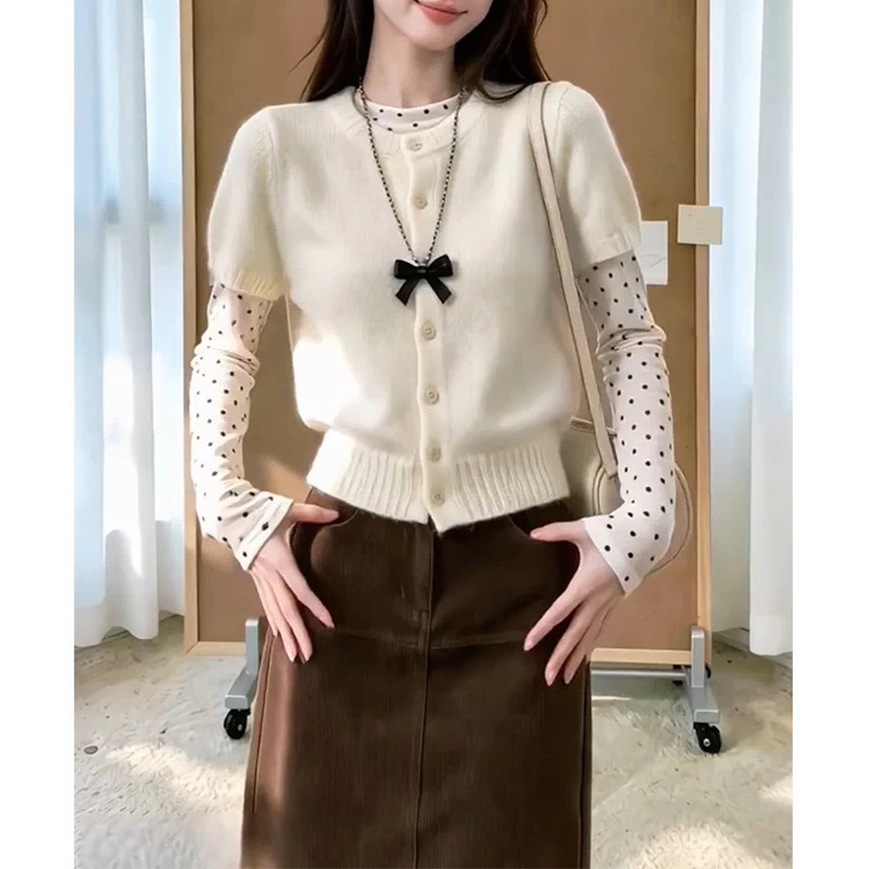 2026 Autumn/Winter New Women's Korean Style Polka Dot Long-Sleeved Layered Knit Sweater Set - High-End Autumn Wear