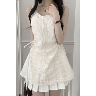 超仙白色蕾絲鏤空吊帶連衣裙女韓系小眾紗裙顯瘦疊穿系帶氣質短裙