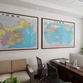 中国世界地图办公室书房装饰画会客厅沙发背景墙壁画海报组合挂画