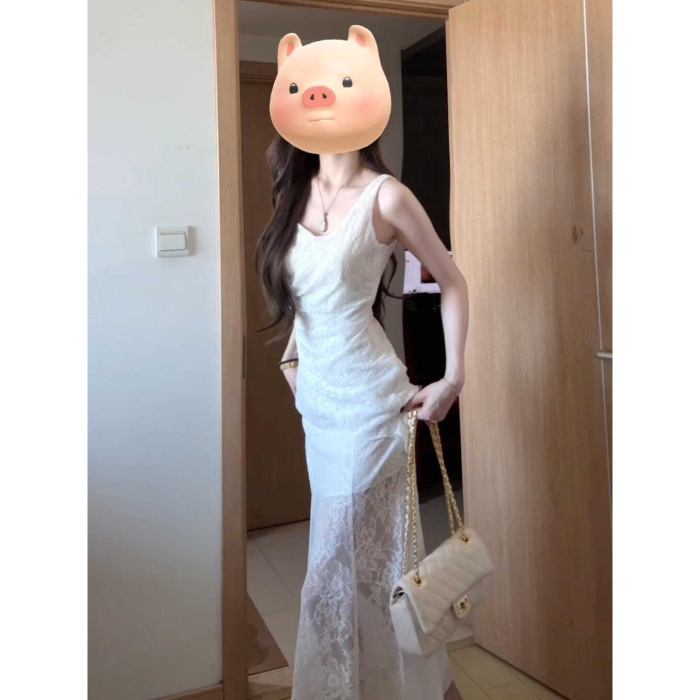 白色蕾丝吊带连衣裙子女夏季2025新款法式气质高级感修身包臀长裙|undefined