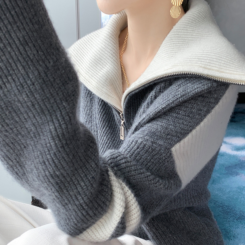 Thickened Autumn and Winter New Women's Half-Zip 100% Wool Color-Blocked Large Lapel Loose and Versatile Casual Knitwear Knitwear