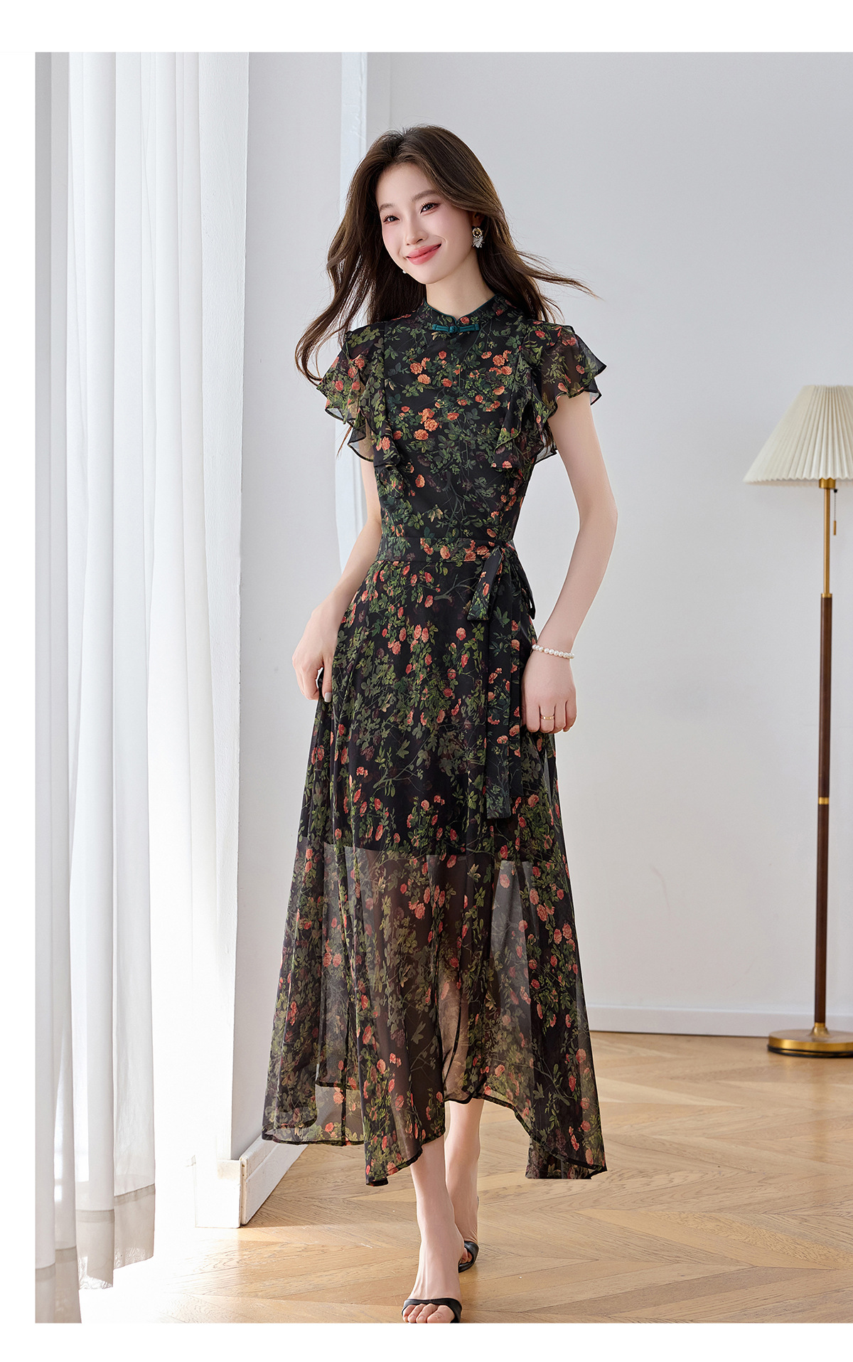 Đầm maxi nữ thắt eo họa tiết hoa nhí hai dây mặc hai kiểu Z5718 — Hoa đỏ, Chấm tròn chi tiết 22