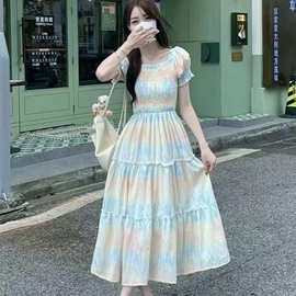 法式桔梗碎花连衣裙女夏季新款气质高档收腰显瘦过膝中长裙子
