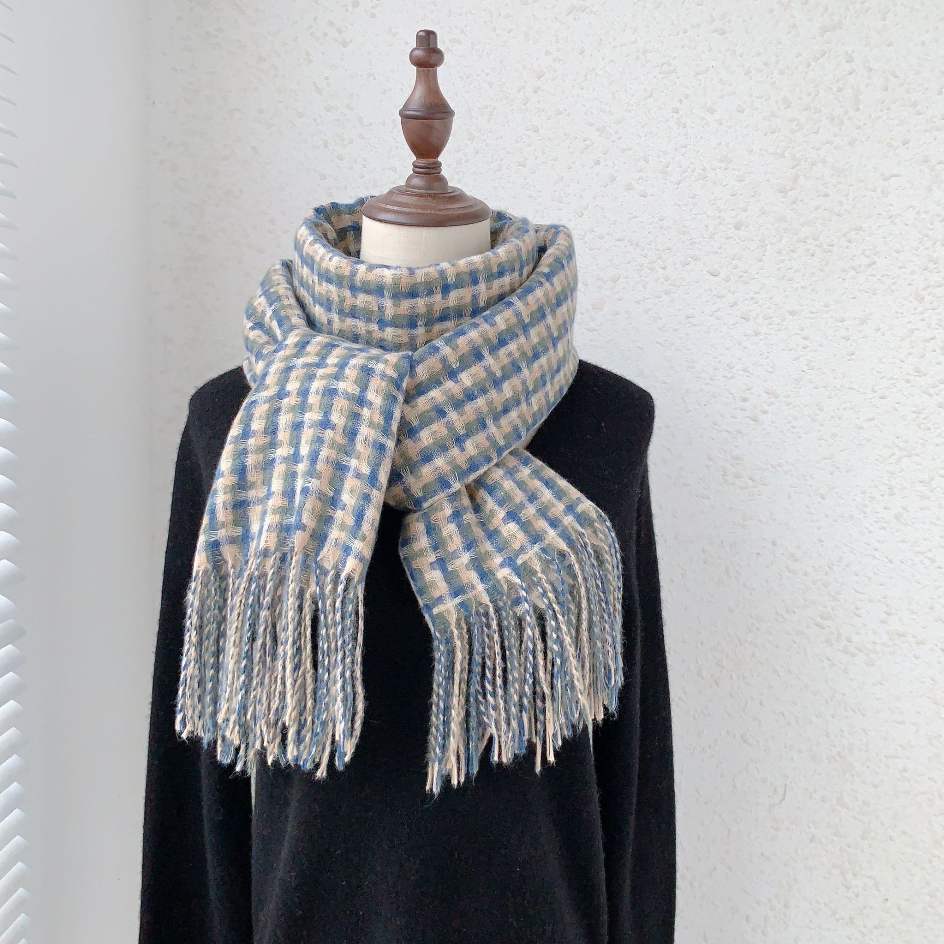 Otoño e Invierno espesado cálido bufanda contraste color Plaid Cachemira borla todo partido bufanda moda Commuter decorativo chal