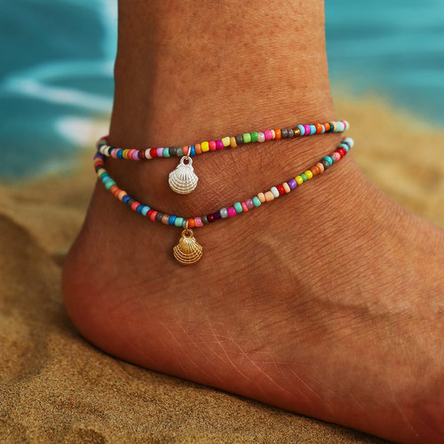 New Fashion Beach Ankle Chain Compatible Shell Colorful Rice Beads Crystal Soft Clay Alloy Chain Beach Ankle Chain Wholesale