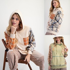 Amazon 25 秋の新クロスボーダーヨーロッパとアメリカの服スプライシングチェック柄大きなポケットフード付きスウェットシャツカジュアルトップ女性用
