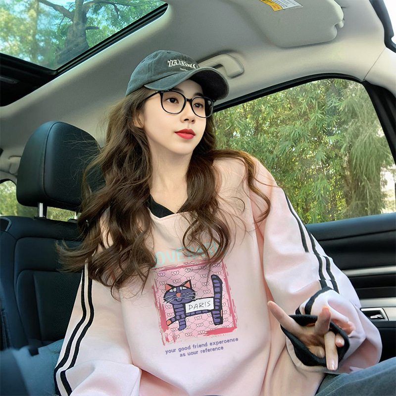Autumn Design Pink Sweatshirt for Women, Trendy Brand Loose Sports Casual Maternity Belly-Covering V Neck Top Long-Sleeved T-Shirt Autumn Design Pink Sweatshirt for Women, Trendy Brand Loose Sports Casual Maternity Belly-Covering V Neck Top Long-Sleeved T-Shirt