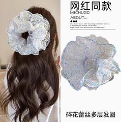 蓝边纱质碎花布艺大肠圈丸子头发绳收腰圈高级感洋气时尚头绳发饰