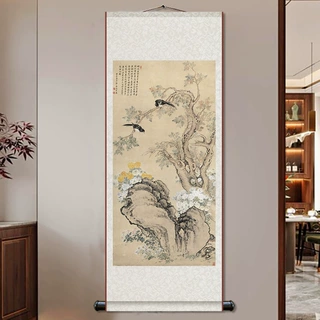 翠柏双喜邹一桂图国画新中式卷轴挂画客厅丝绸茶室花鸟图中国风